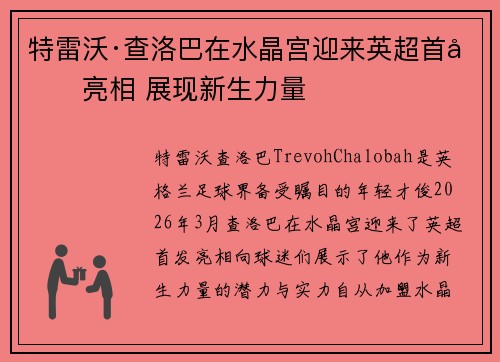 特雷沃·查洛巴在水晶宫迎来英超首发亮相 展现新生力量