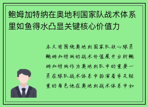 鲍姆加特纳在奥地利国家队战术体系里如鱼得水凸显关键核心价值力
