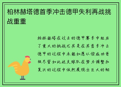 柏林赫塔德首季冲击德甲失利再战挑战重重